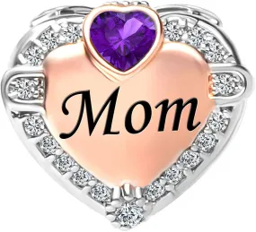 Rose Gold Heart Love Mom Charms for Bracelets with Birthstone Charm Bead Womens Mothers Day Birthday Jewelry Compatible with Pandora Bracelets