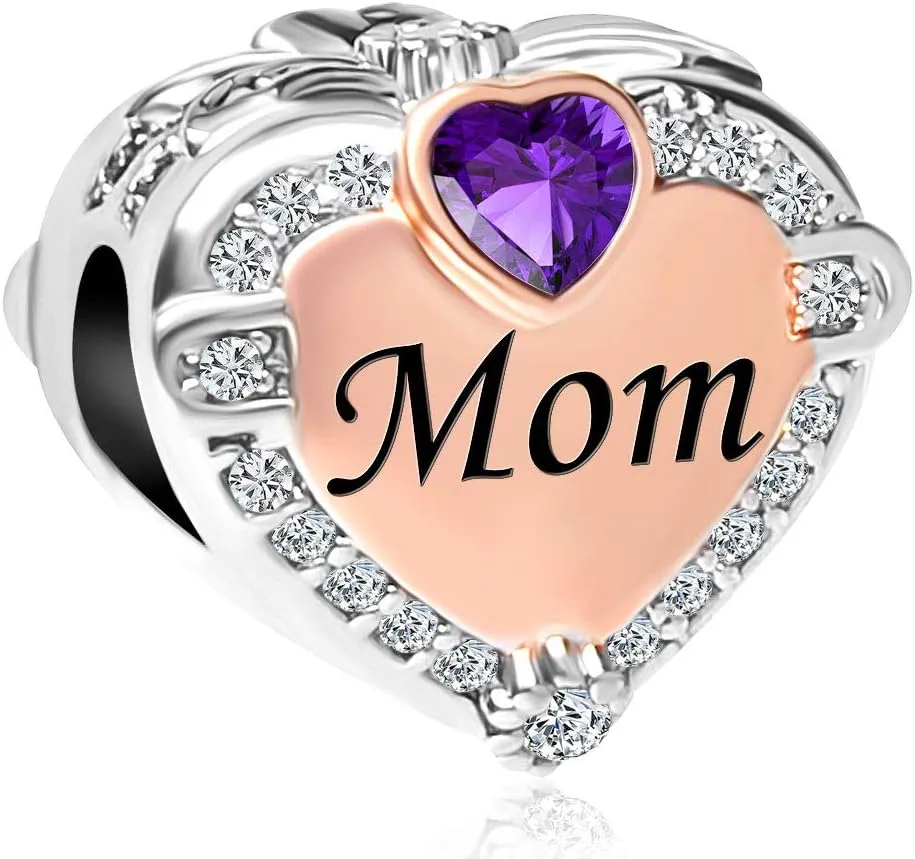 Rose Gold Heart Love Mom Charms for Bracelets with Birthstone Charm Bead Womens Mothers Day Birthday Jewelry Compatible with Pandora Bracelets