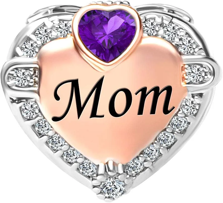 Rose Gold Heart Love Mom Charms for Bracelets with Birthstone Charm Bead Womens Mothers Day Birthday Jewelry Compatible with Pandora Bracelets