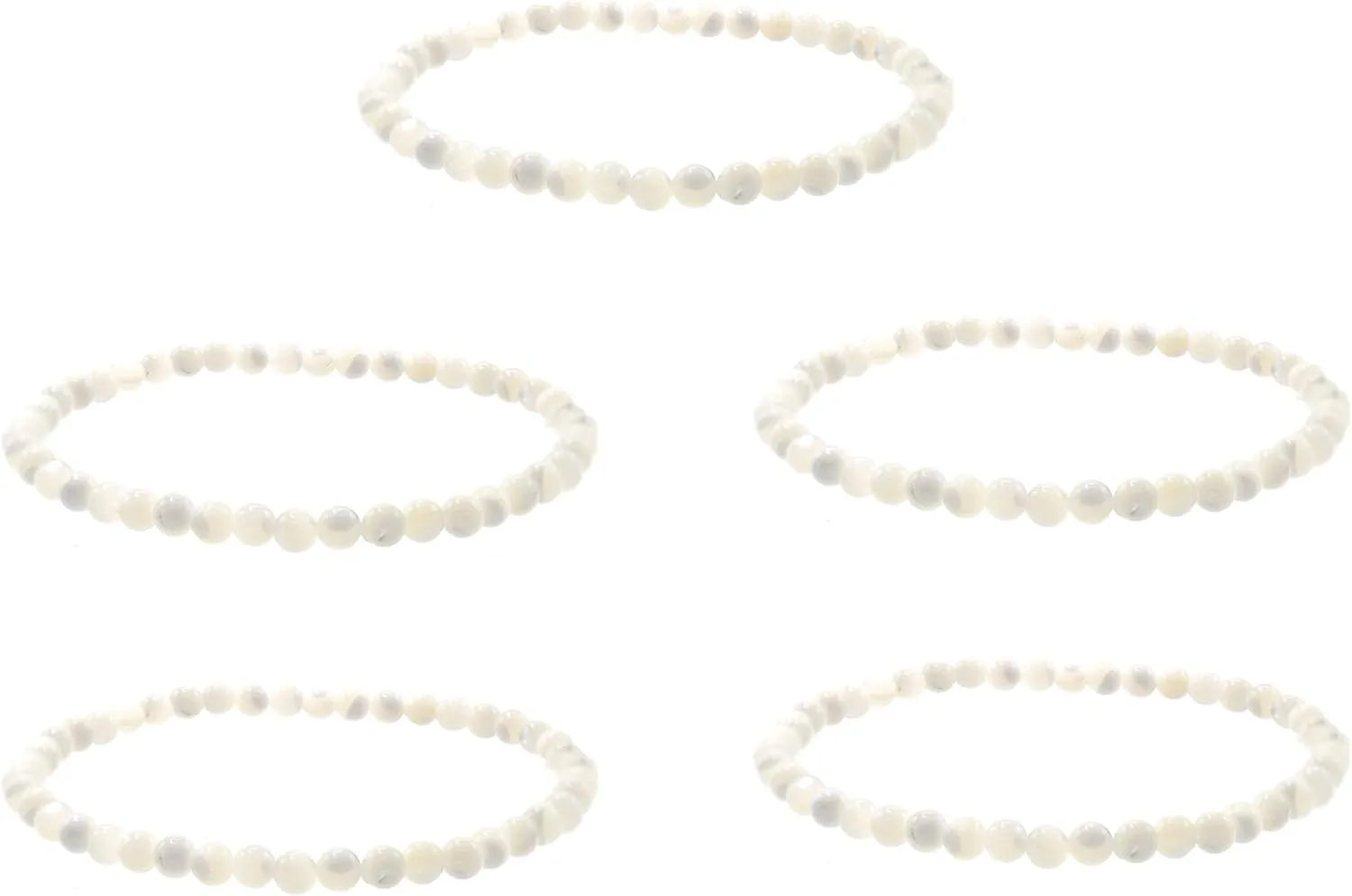 [Set of 1, 3 or 5] 4mm Smooth White Mother of Pearl (Shell) Stretch Bracelets, 7" only