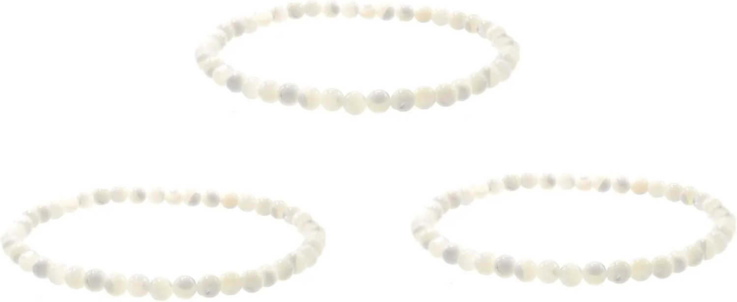[Set of 1, 3 or 5] 4mm Smooth White Mother of Pearl (Shell) Stretch Bracelets, 7" only