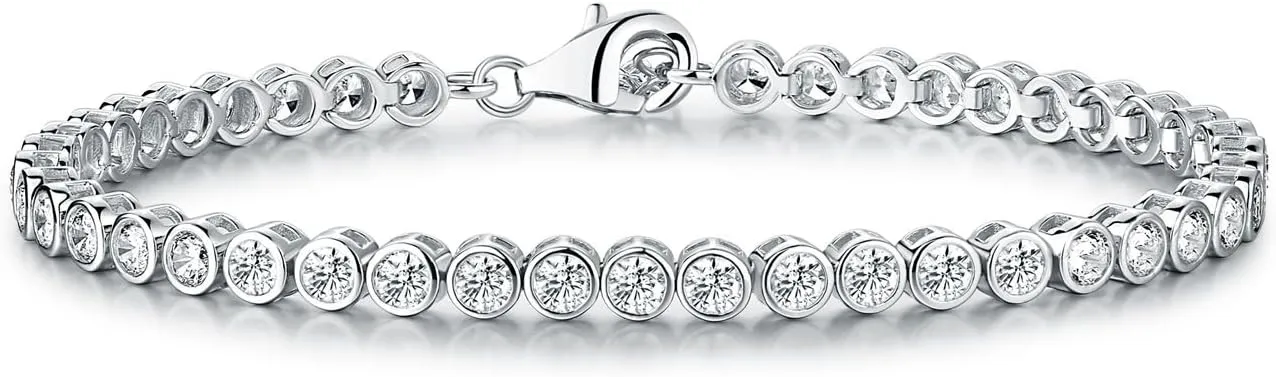 Silver Tennis Bracelet for Women, 925 Sterling Silver Bracelets for Women with Bezel Set 3 mm Round Cubic Zirconia Stones, Silver Tennis Bracelets for Women
