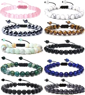 SONNYX 10PCS 8mm Semi-Precious Gemstone Bracelets Set Natural Stone Bracelets for Women Men Round Beaded Adjustable Stretch Crystal Bracelets