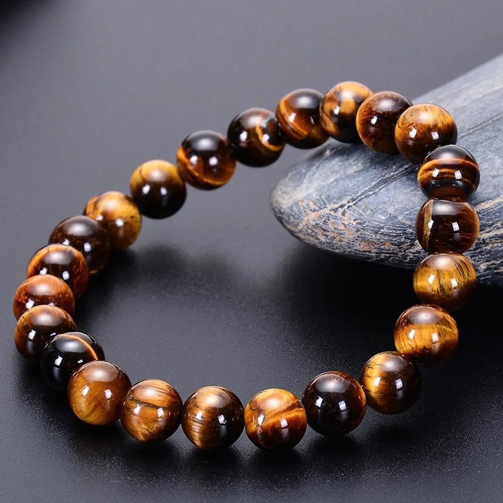 Tiger Eye and Black Obsidian Natural Stone Bracelet, 8mm Beads, Adjustable Meditation Jewelry for Men Women