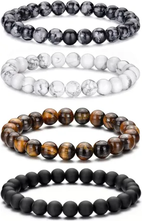 Tiger Eye Beaded Bracelets for Men - Elastic 8MM Natural Stone Bracelet Set Lava Rock Bracelets Gifts for Son Grandson Bonus Son Boyfriend Brother