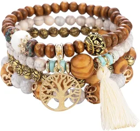 Tree of Life Bracelets for Women Bohemian Stretch Wood Beaded Bracelets for Women Boho Tassel Bracelet Multilayer Stackable Bracelets Christmas Birthday Jewelry for women.