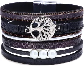 Tree of Life Wrap Bracelet for Women, Multi-Layer Braided Leather Pearl Crystal Beads Boho Cuff Bangle Stackable Bohemian Anniversary Mother's Day Birthday Christmas Jewelry Gifts for Her