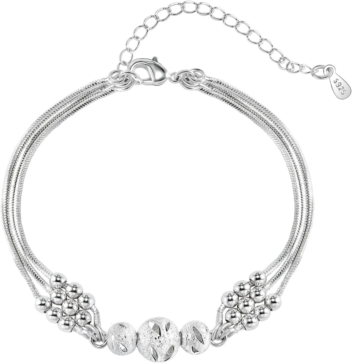 VGWON 925 Sterling Silver Layered Adjustable Charm Link Bracelets with Beads,Bracelets for Women Girls Friends