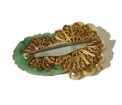 Vintage 30s Jade Brooch Carved Jadeite Pearls Pin