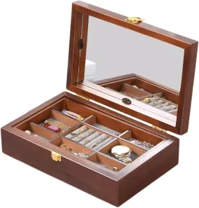 Wooden Jewelry Organizer Box with Mirror for Women - 2 Layer Removable Stackable Tray Jewelry Storage Case - Jewellery Display Holder for Ring Necklace Earring Bracelets