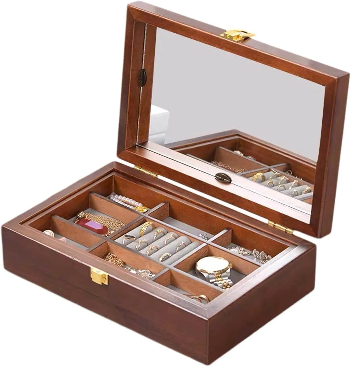 Wooden Jewelry Organizer Box with Mirror for Women - 2 Layer Removable Stackable Tray Jewelry Storage Case - Jewellery Display Holder for Ring Necklace Earring Bracelets