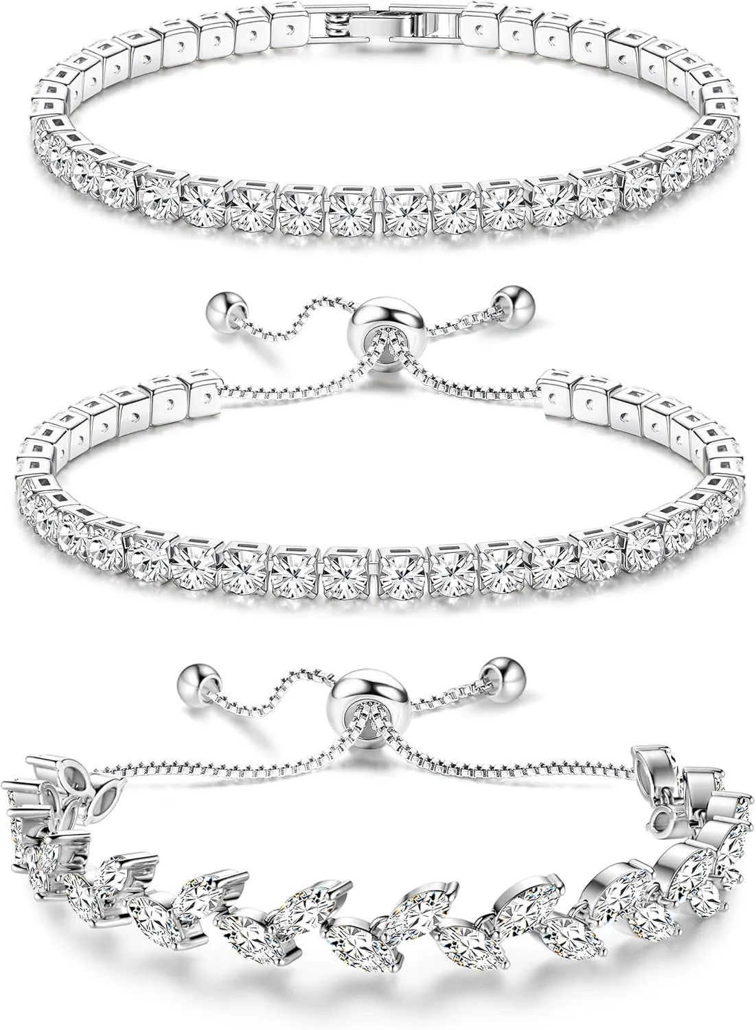 YADOCA Tennis Bracelets For Women - Silver Plated Bracelet Stack Cubic Zirconia CZ Diamond Adjustable Stackable Bracelets Set For Prom Wedding Jewelry Gift 3Pcs