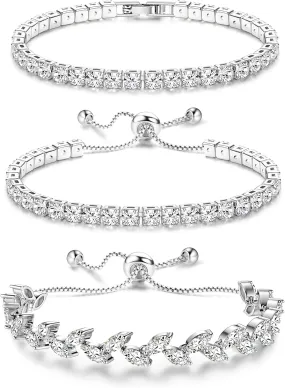 YADOCA Tennis Bracelets For Women - Silver Plated Bracelet Stack Cubic Zirconia CZ Diamond Adjustable Stackable Bracelets Set For Prom Wedding Jewelry Gift 3Pcs
