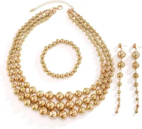 YBMYCM Gold Beaded Jewelry Set Chunky Multi Strands Choker Necklace Bracelet Earrings Set for Women