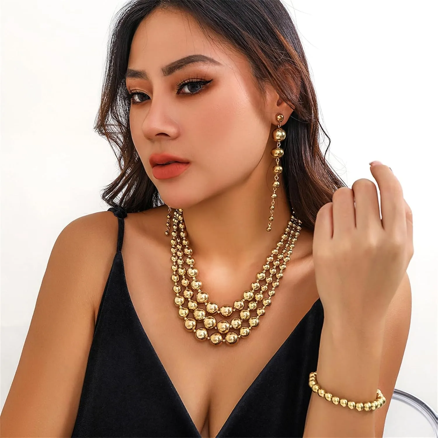 YBMYCM Gold Beaded Jewelry Set Chunky Multi Strands Choker Necklace Bracelet Earrings Set for Women