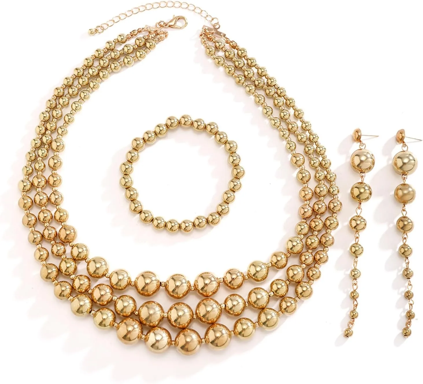 YBMYCM Gold Beaded Jewelry Set Chunky Multi Strands Choker Necklace Bracelet Earrings Set for Women