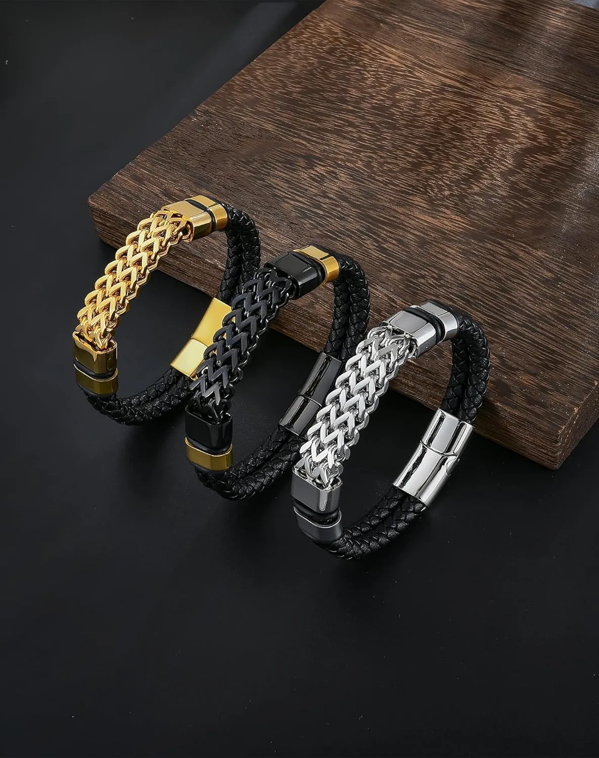 YL Viking Buckle Totem Link Chain Mens Bracelet, Stacked Handcrafted Double Row Strand Black Braided Leather Cuff Stainless Steel Bangle Punk Wristband Jewelry for Men Women