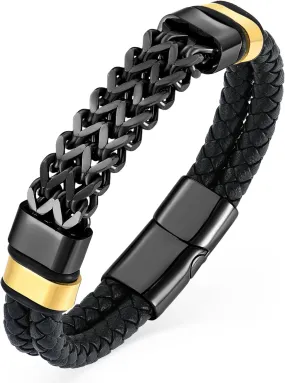 YL Viking Buckle Totem Link Chain Mens Bracelet, Stacked Handcrafted Double Row Strand Black Braided Leather Cuff Stainless Steel Bangle Punk Wristband Jewelry for Men Women