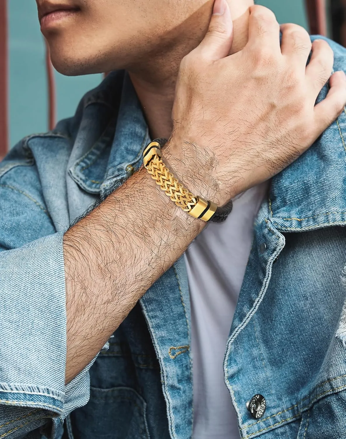 YL Viking Buckle Totem Link Chain Mens Bracelet, Stacked Handcrafted Double Row Strand Black Braided Leather Cuff Stainless Steel Bangle Punk Wristband Jewelry for Men Women