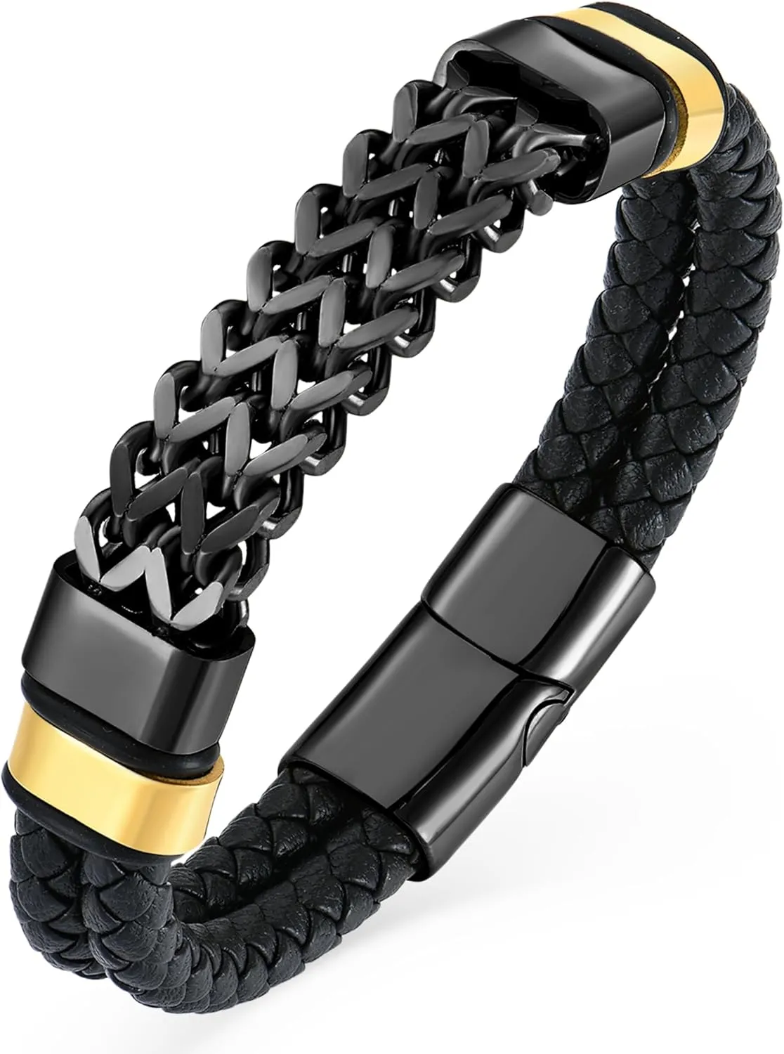 YL Viking Buckle Totem Link Chain Mens Bracelet, Stacked Handcrafted Double Row Strand Black Braided Leather Cuff Stainless Steel Bangle Punk Wristband Jewelry for Men Women