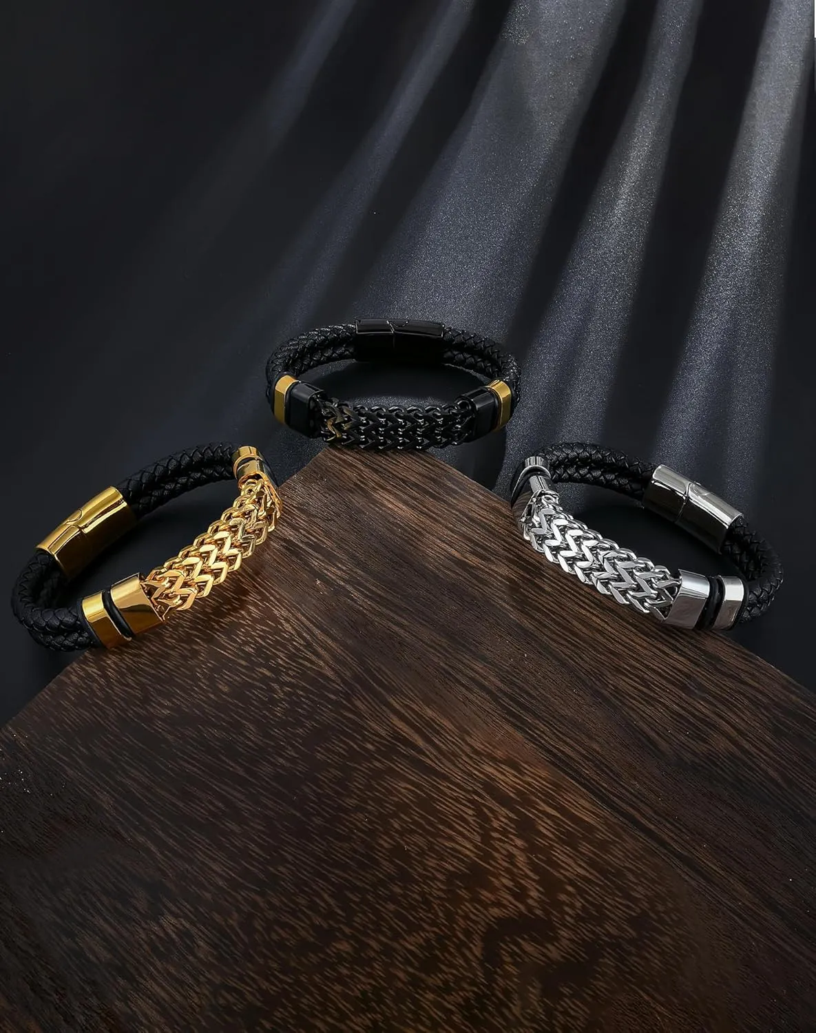 YL Viking Buckle Totem Link Chain Mens Bracelet, Stacked Handcrafted Double Row Strand Black Braided Leather Cuff Stainless Steel Bangle Punk Wristband Jewelry for Men Women
