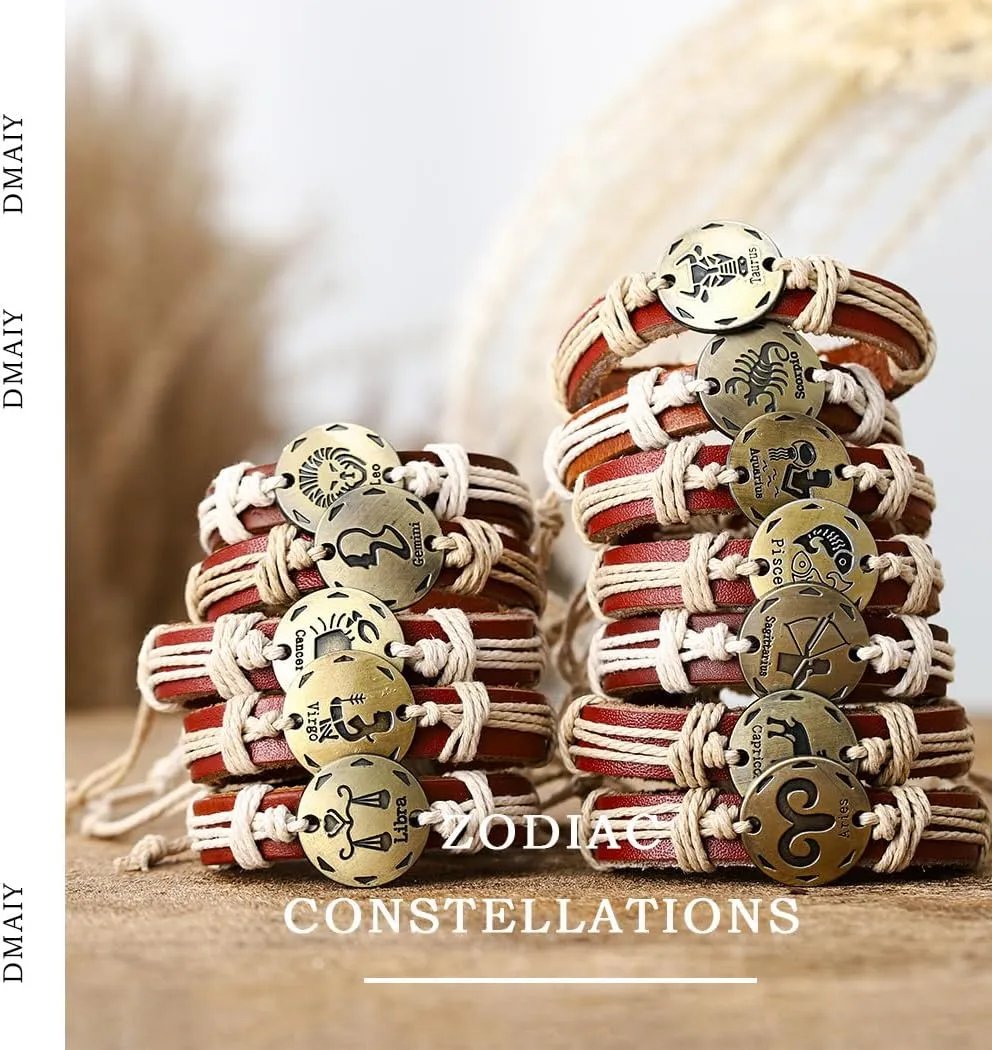Zodiac Constellations Bracelet Leather Boho Bracelets Woven Wrap Bracelet Jewelry for Women and Men Birthday Gift